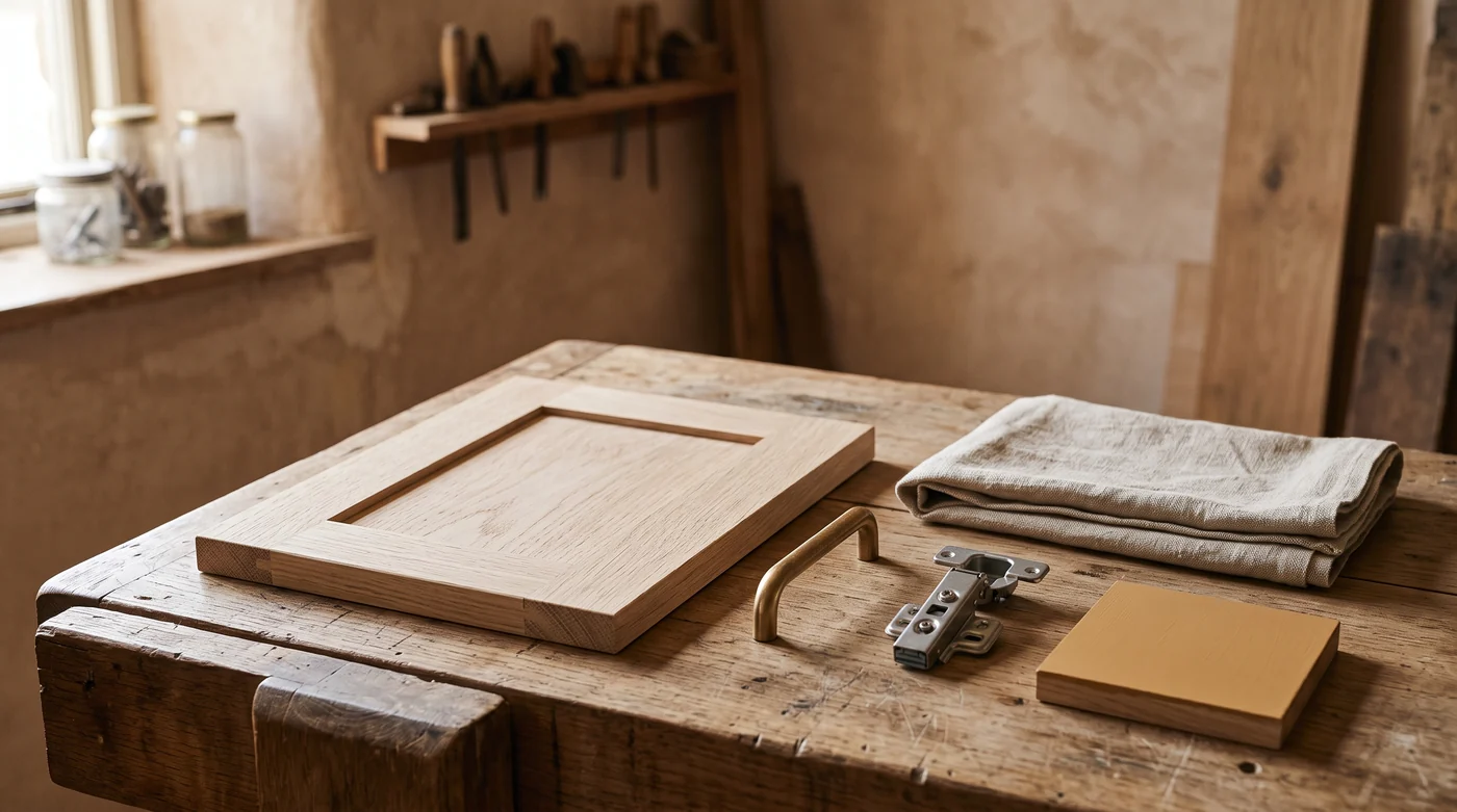 An oak cabinet door sample with separate brass pull and generic hinge on a workbench