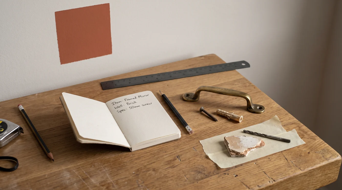 A cabinet handle, loose fixings and a wall sample beside a notebook.