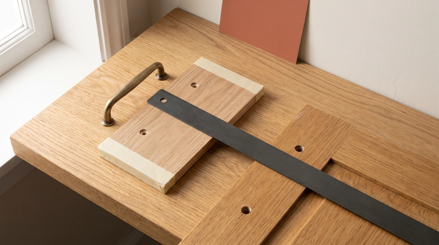 A brass handle and drilled board beside a dark measuring rule.