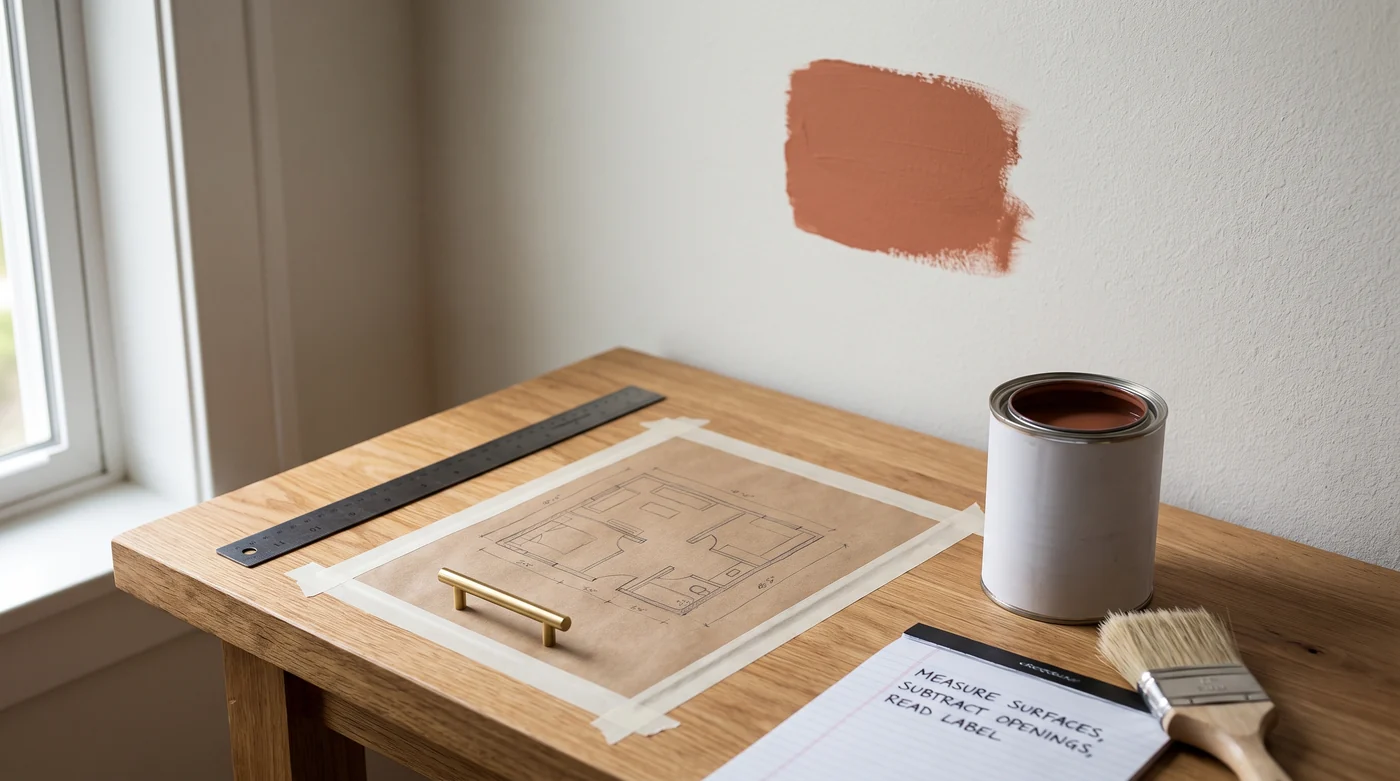 A taped room sketch beside a paint tin and brush.