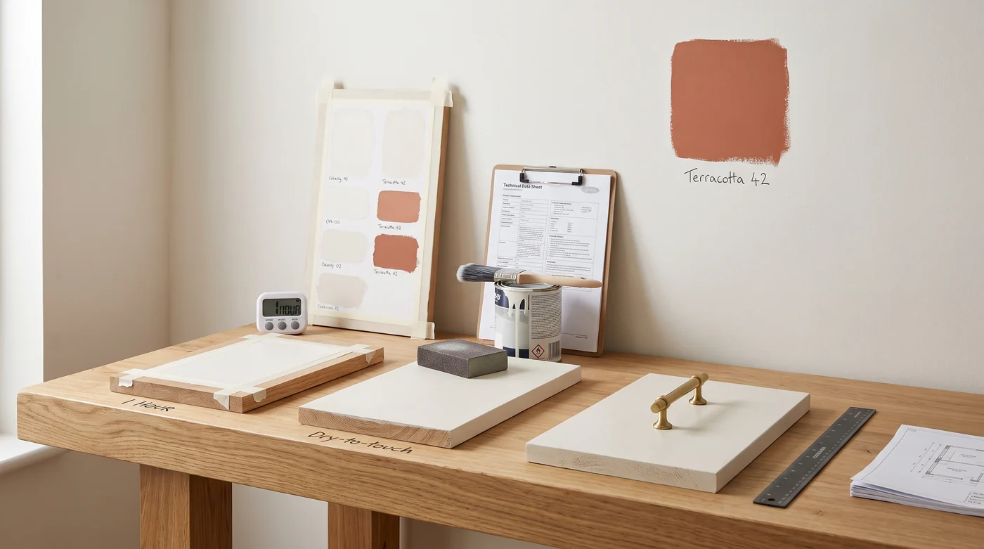 Dry, recoat-ready and ready to use are different Painted sample boards, a timer and a finish schedule on the workbench.