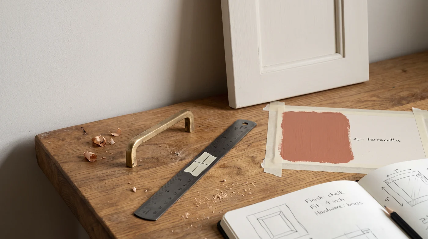 Cabinets & hardware A brass handle, door sample, pencil shavings and measuring rule.