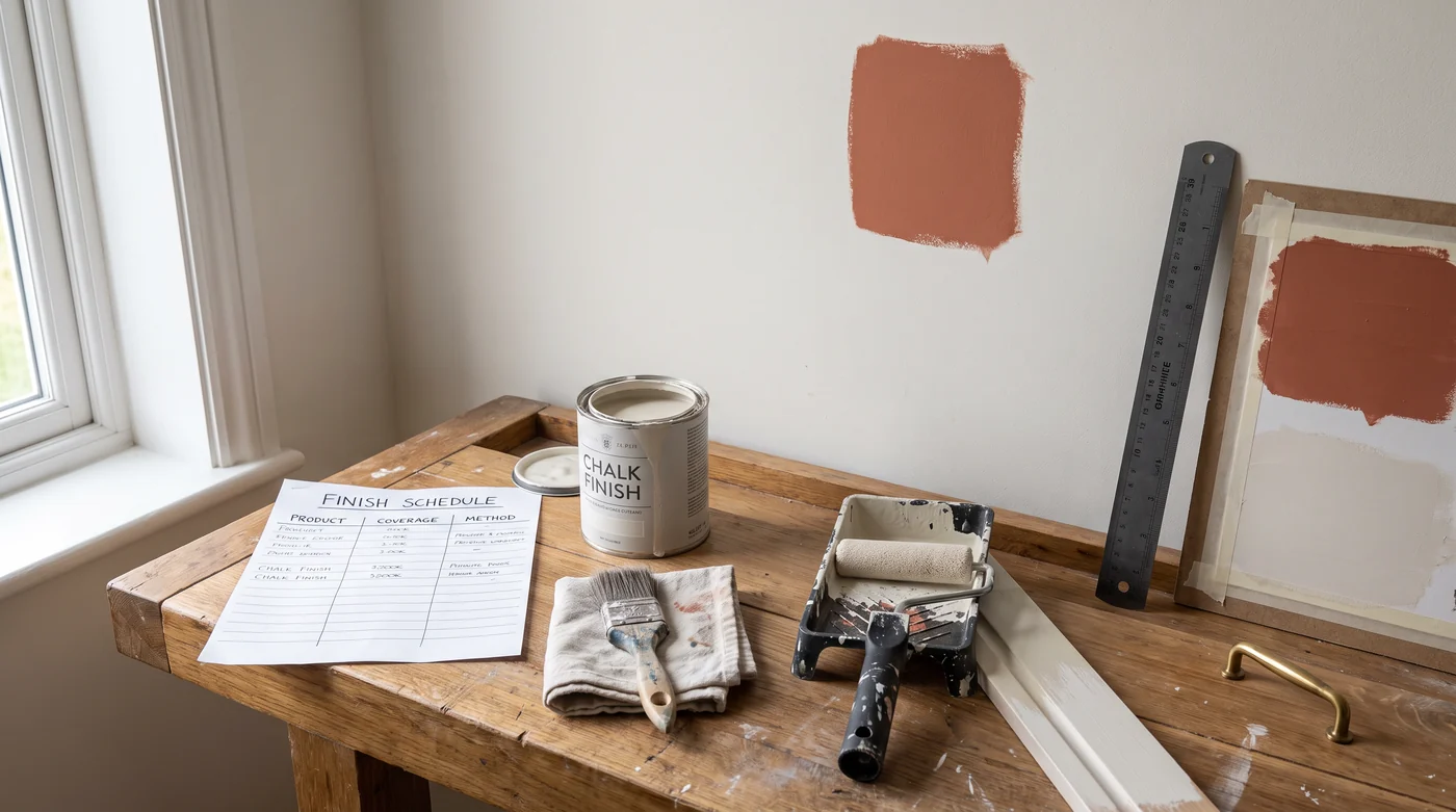 Paint rollers, a paint tin and finish samples on an oak workbench.