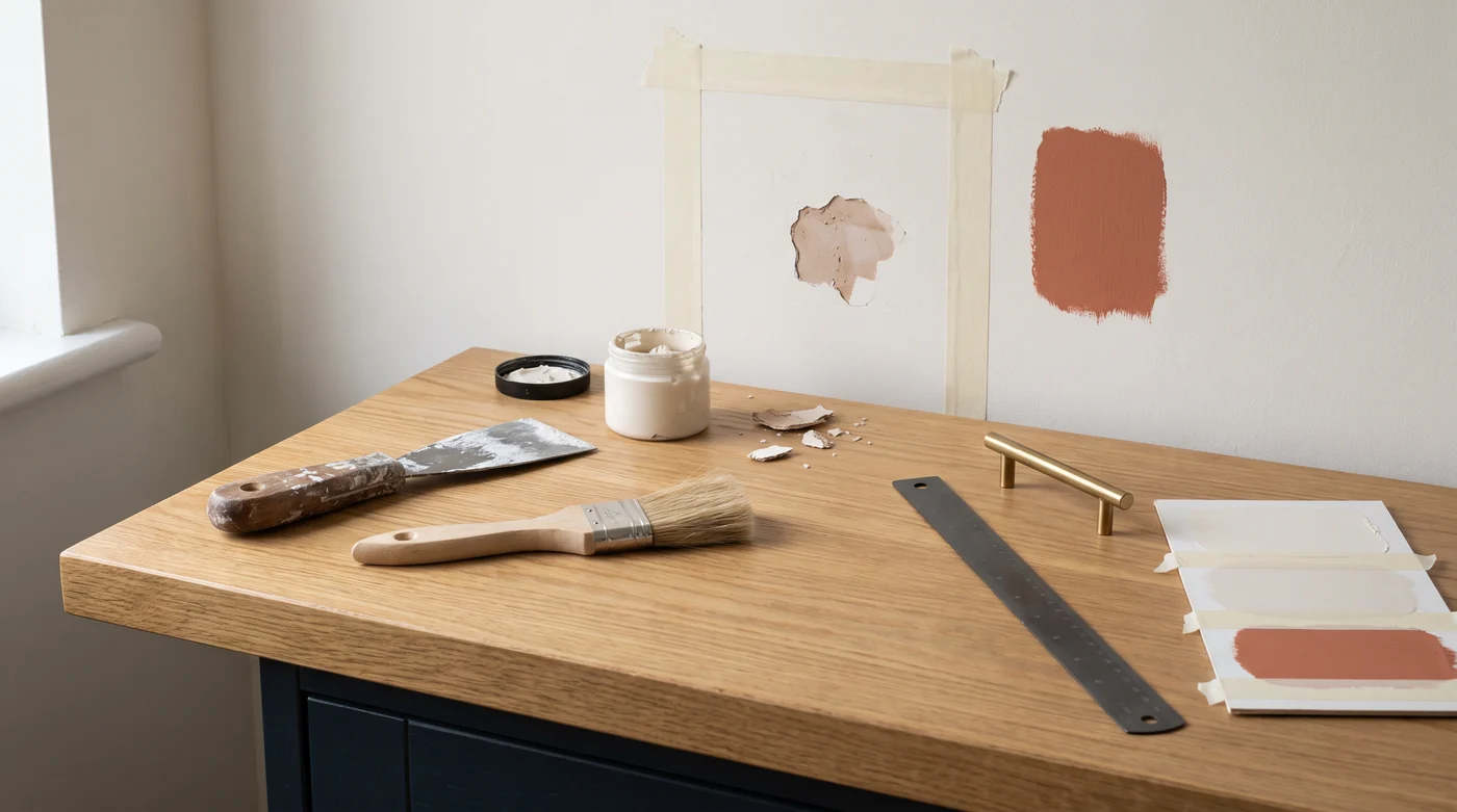 A wall patch beside filler, a filling knife and paint samples.