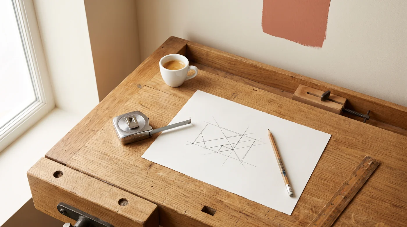 A tape measure, pencil and geometric drawing on the oak workbench.