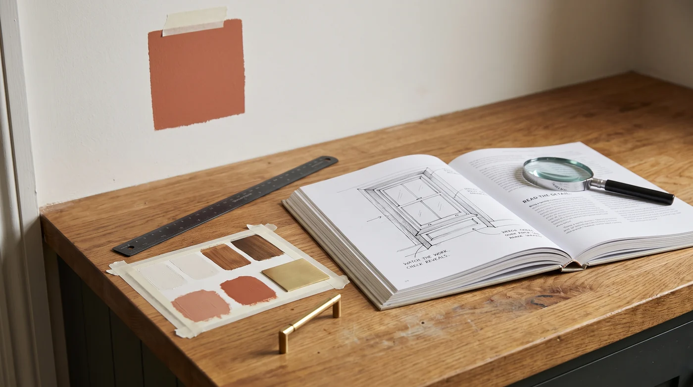 Paint samples and a home improvement reference book on the workbench.