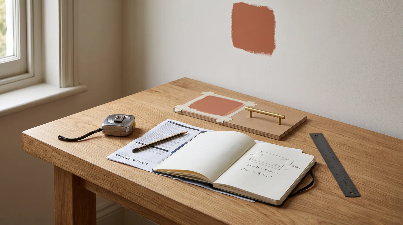 A tape measure, pencil and room sketch beside a painted sample.