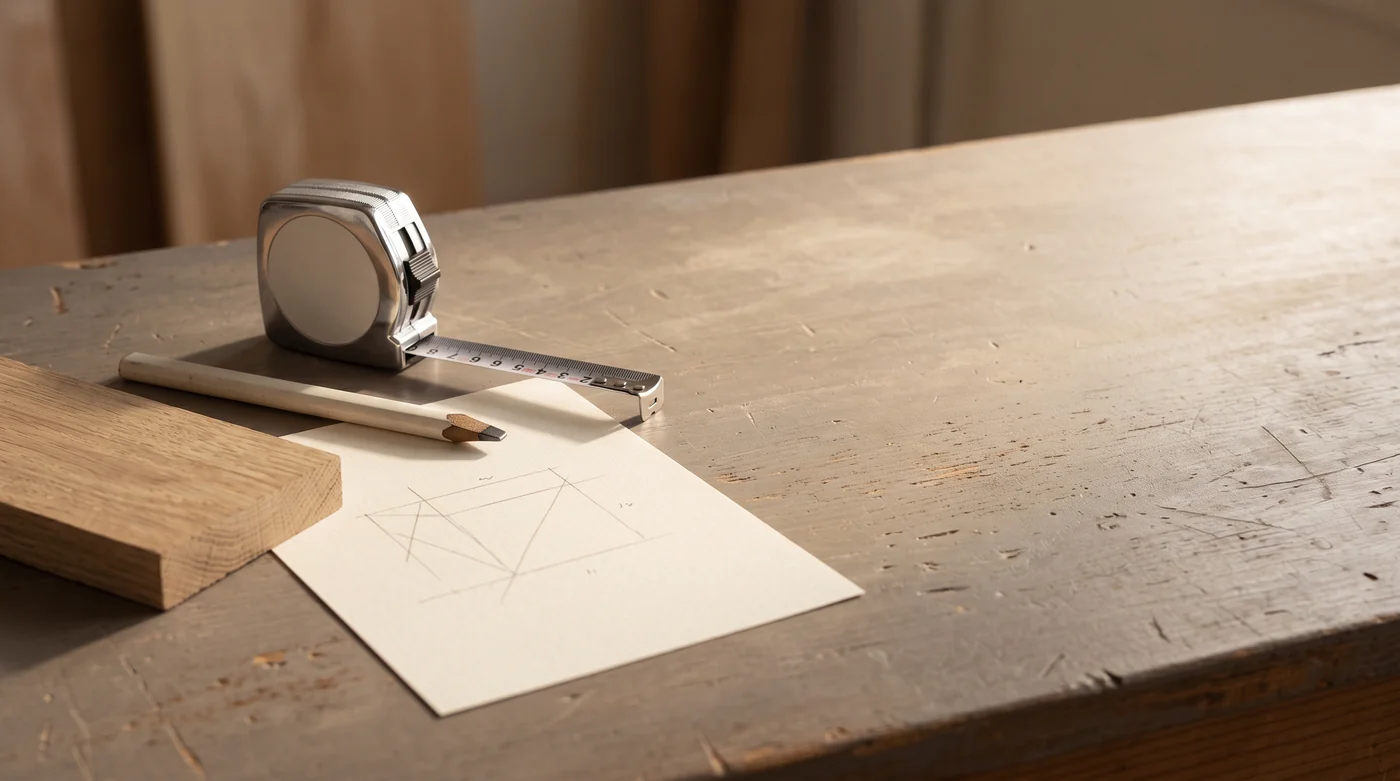 An unbranded tape measure, pencil and geometric sketch on a workbench
