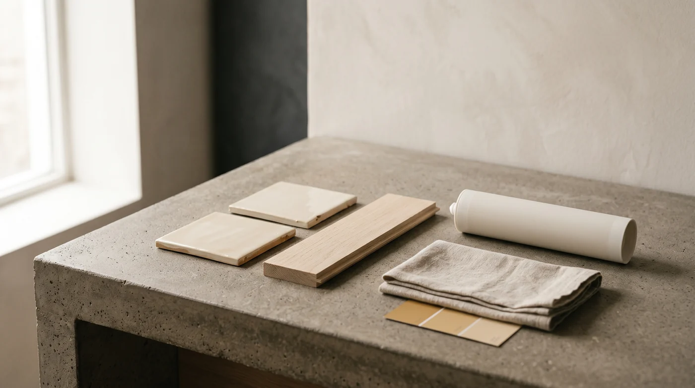 Ceramic tile and timber samples beside a plain cartridge in a conceptual material study